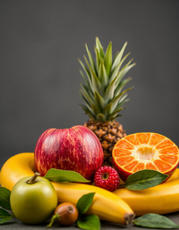 Fresh fruits on a grey background. Healthy food and diet concept.の写真素材