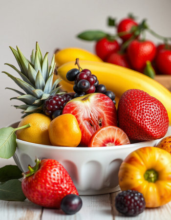 Fresh fruits in a bowl on a white wooden table, selective focusの写真素材