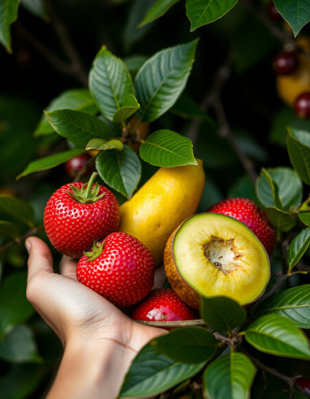 Fruits in the hands of a woman on a green background.