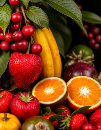 Fruits and berries on a black background. Healthy food concept.の写真素材