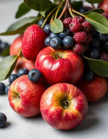 Fresh fruits and berries on a gray background. Healthy food concept.の写真素材