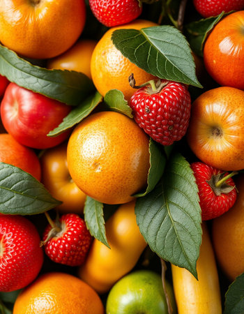 background of fresh fruits and berries, close-up, top viewの写真素材