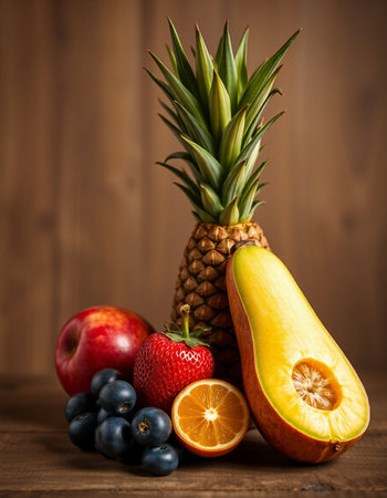 Fresh fruits on a wooden table. Healthy food. Fruit background.の写真素材