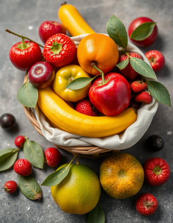 Mix of fresh fruit and berries in a basket on a gray backgroundの写真素材