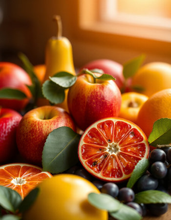 Variety of fresh fruits including apples, oranges, grapefruits and pears.の写真素材