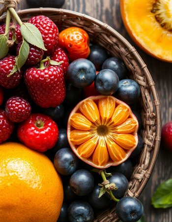 Mix of fresh fruits and berries in a basket on a wooden backgroundの写真素材