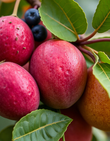Close up of a bunch of red fruits on a tree