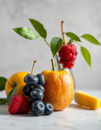 Fresh summer fruits on a white marble background. Selective focus.の写真素材