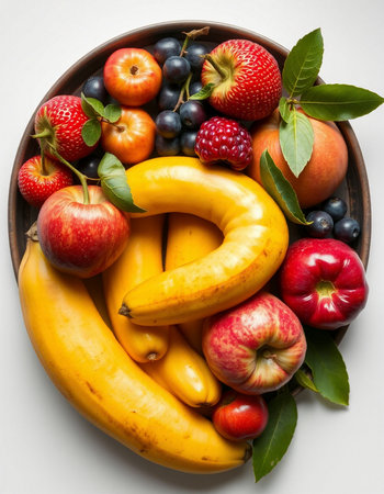 Fresh fruits in a bowl on a white background, top view.