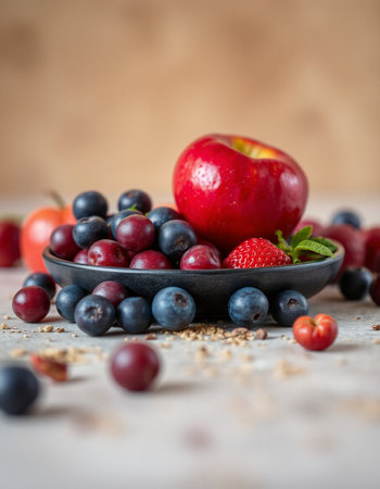 Fruits and berries in a plate on a wooden table. Selective focus.の写真素材