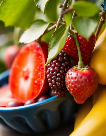 Fresh fruits in a bowl on a wooden table. Selective focus.の写真素材