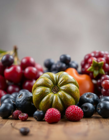Fresh fruits and berries on a wooden table. Selective focus.の写真素材