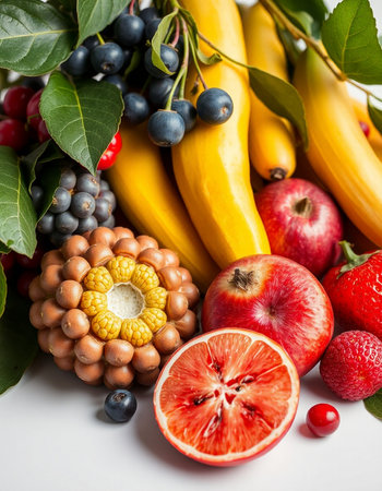 Fresh fruits and berries on a white background. Healthy food concept.の写真素材
