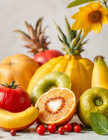 Composition with fresh fruits and vegetables on light background, closeup