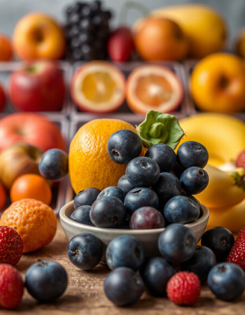 Fresh fruits on wooden table, selective focus. Healthy food concept.の写真素材