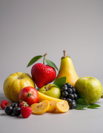 Fresh fruits on gray background. Healthy food concept. Selective focus.