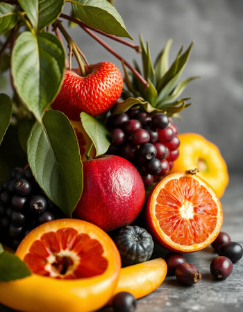 Fruits and berries on a gray background. Selective focus.