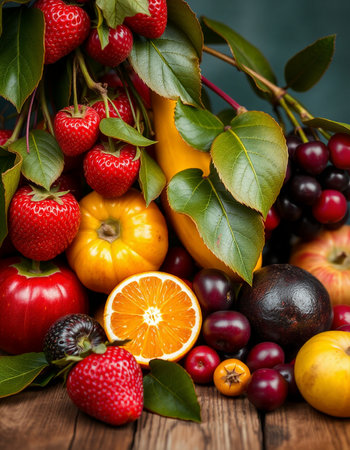 Fresh Fruits and Vegetables on Wooden Background. Healthy Food.の写真素材