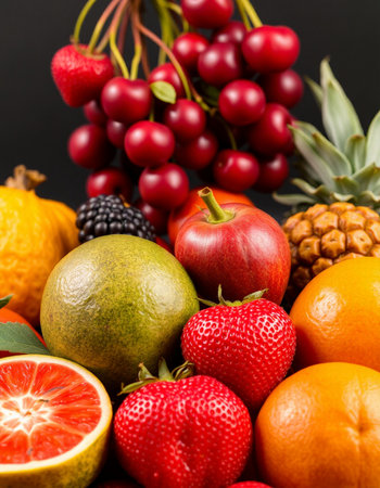 Assorted fresh fruits on black background, closeup. Healthy food conceptの写真素材