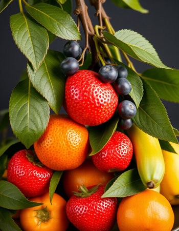 Fruits and berries in a basket on a dark background. Close-up.