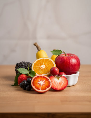 Fruits and berries on a wooden table. Selective focus.の写真素材