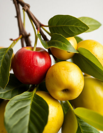Close up of a bunch of yellow and red apples with green leaves