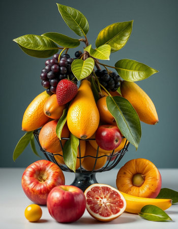 Fruit basket with a variety of fruits on a gray background.の写真素材