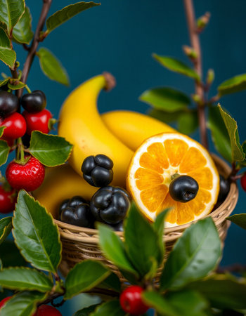 Fresh fruits in a basket on a dark blue background. Selective focus.