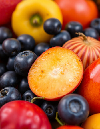 Colorful fresh fruits and vegetables. Healthy food background. Close up.の写真素材