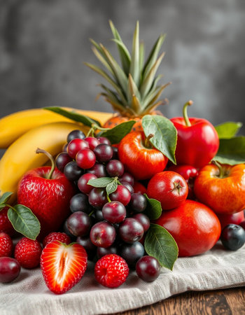 Fruits and berries on a wooden table. Healthy food concept.の写真素材