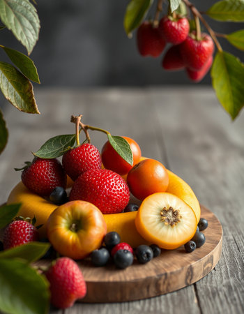 Mix of fresh fruits on a wooden table, selective focus, verticalの写真素材