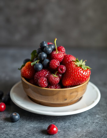 Mix of fresh berries in wooden bowl on dark background, selective focusの写真素材