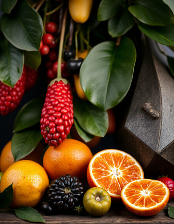 Citrus fruits on wooden background. Fresh fruits with leaves.の写真素材