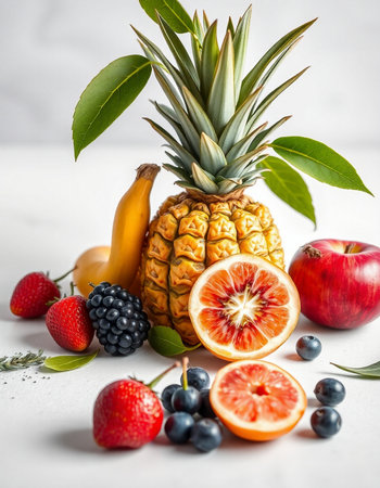 Variety of fresh fruits on white background. Healthy food concept.の写真素材