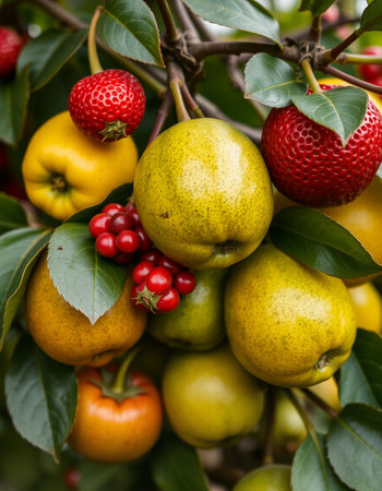 Ripe fruits on a branch of a tree in a garden.の写真素材