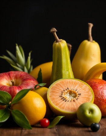 Fresh fruits on wooden table. Dark background. Healthy food concept.