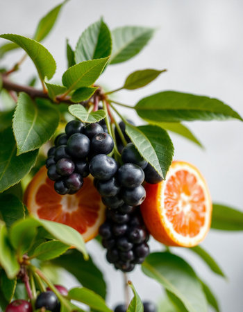 Ripe fruits of black chokeberry, orange and grapefruit on a branch.の写真素材
