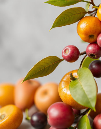 Fruits on a gray background with space for text, selective focusの写真素材