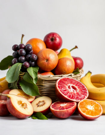 Variety of fruits in a basket on a white wooden table.の写真素材