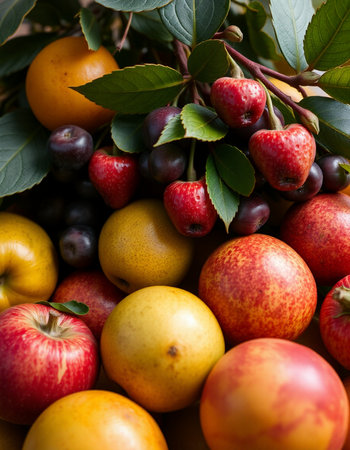 Autumn fruits, apples, plumscots and pears