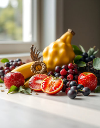 Fresh fruits on the windowsill. Selective focus.の写真素材