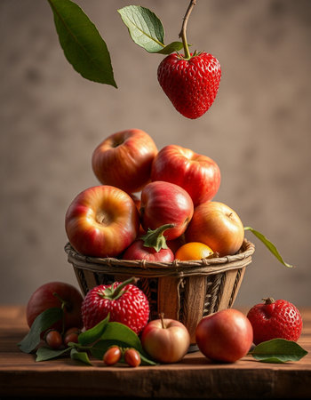 Fresh fruits in a basket on a wooden table. Selective focus.