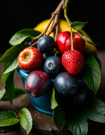 Mix of fresh berries in a blue bowl on a dark wooden background