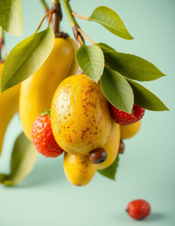 Bunch of ripe yellow and red fruits on a branch with leavesの写真素材