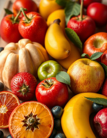 Assortment of fresh fruits and vegetables on wooden table, closeup