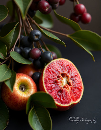 Red apples and black chokeberry with green leaves on a dark backgroundの写真素材