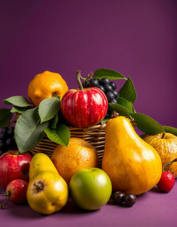 Fruits in a basket on a purple background. Selective focus.の写真素材