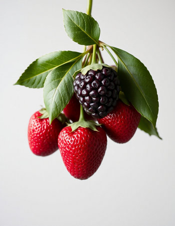 Strawberries and blackberries on a branch with leaves on a white backgroundの写真素材