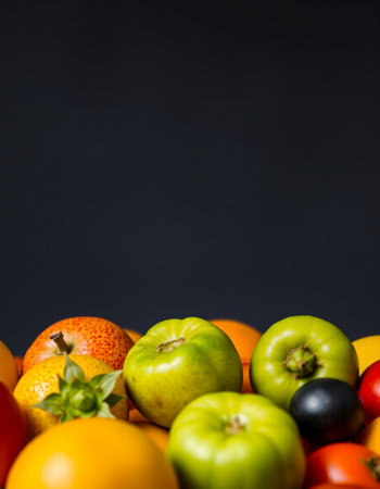Colorful fruits and vegetables on a black background. Copy space.の写真素材