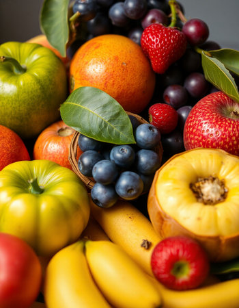 Variety of fruits and berries including strawberries, raspberries, blueberries, oranges, lemons,...